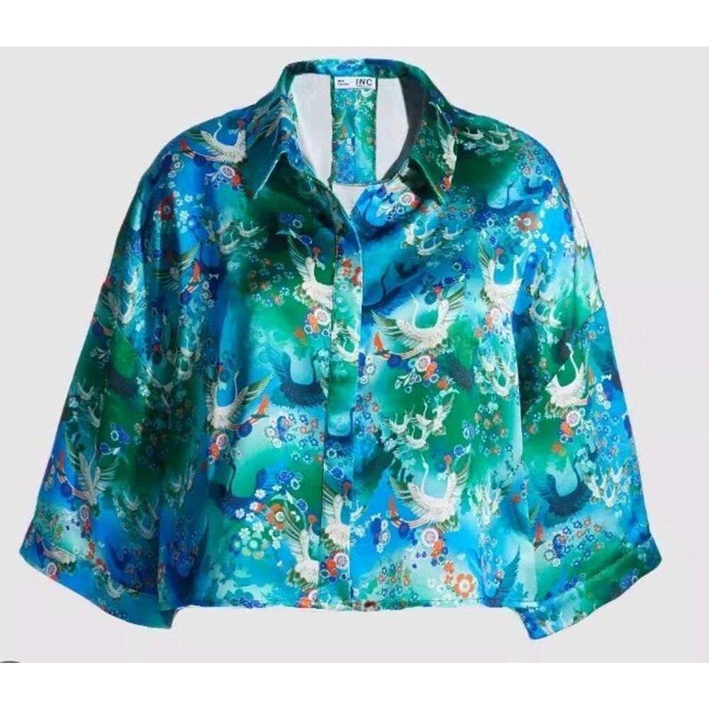 Misa Hylton x INC Japanese Crane Kimono Style Button Up Camp Shirt Cropped XXXL - Picture 2 of 11